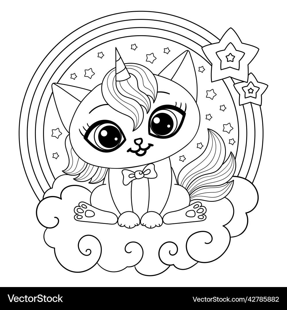 Cute Unicorn Cat Black And White Linear Drawing Vector Image