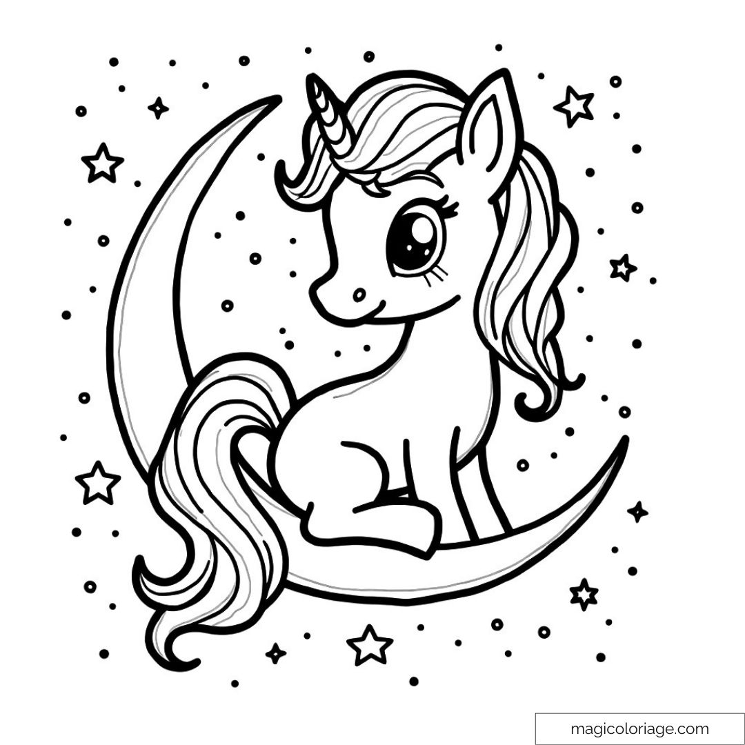 Cute Unicorn On The Moon Coloring Page For Kids