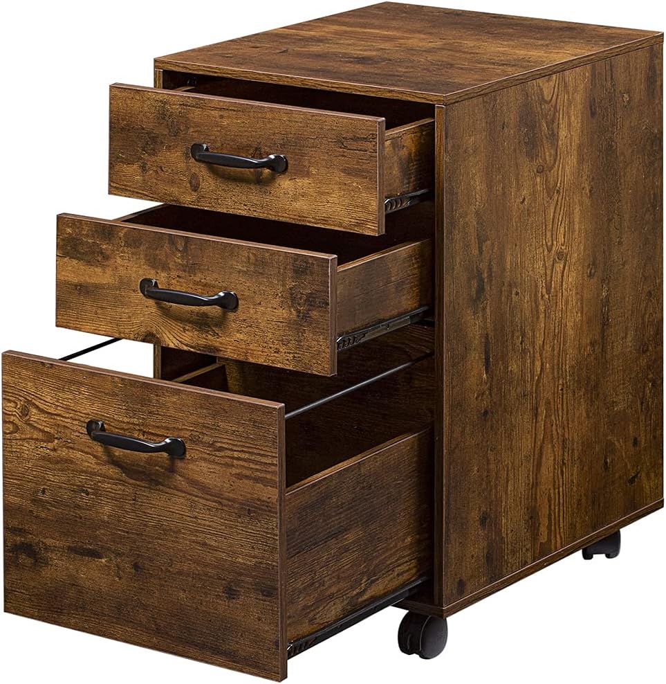 DINZI LVJ Rolling File Cabinet 3 Drawer Mobile Office Cabinet Rustic Brown