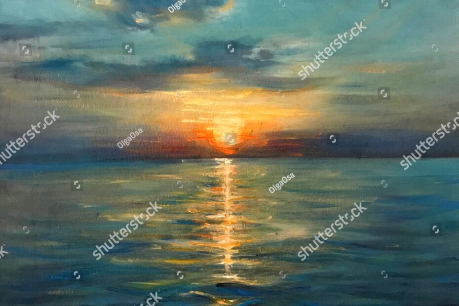 Drawing Bright Sunset Sunrise Over Sea Stock Illustration 1048611452 Shutterstock