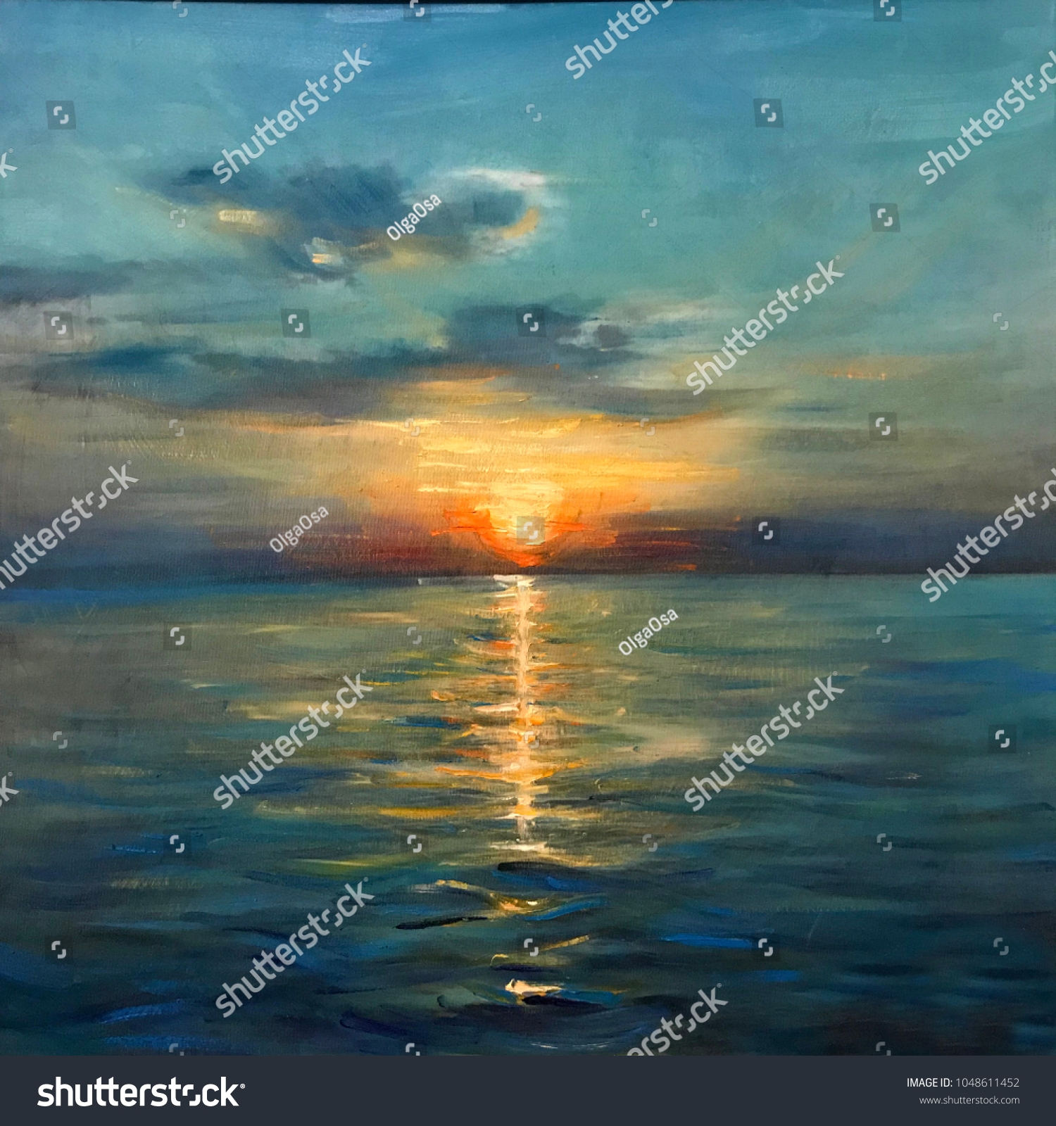 Drawing Bright Sunset Sunrise Over Sea Stock Illustration 1048611452 Shutterstock