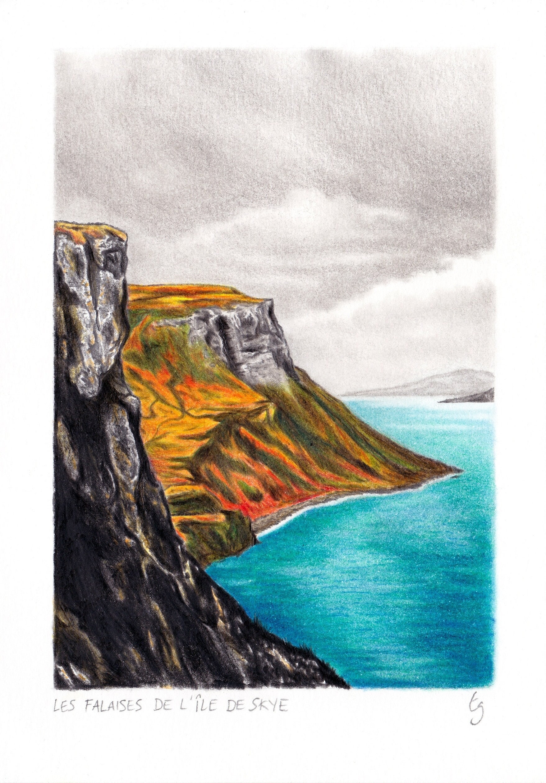 Drawing Of Cliffs In Scotland Colored Pencil Illustration 