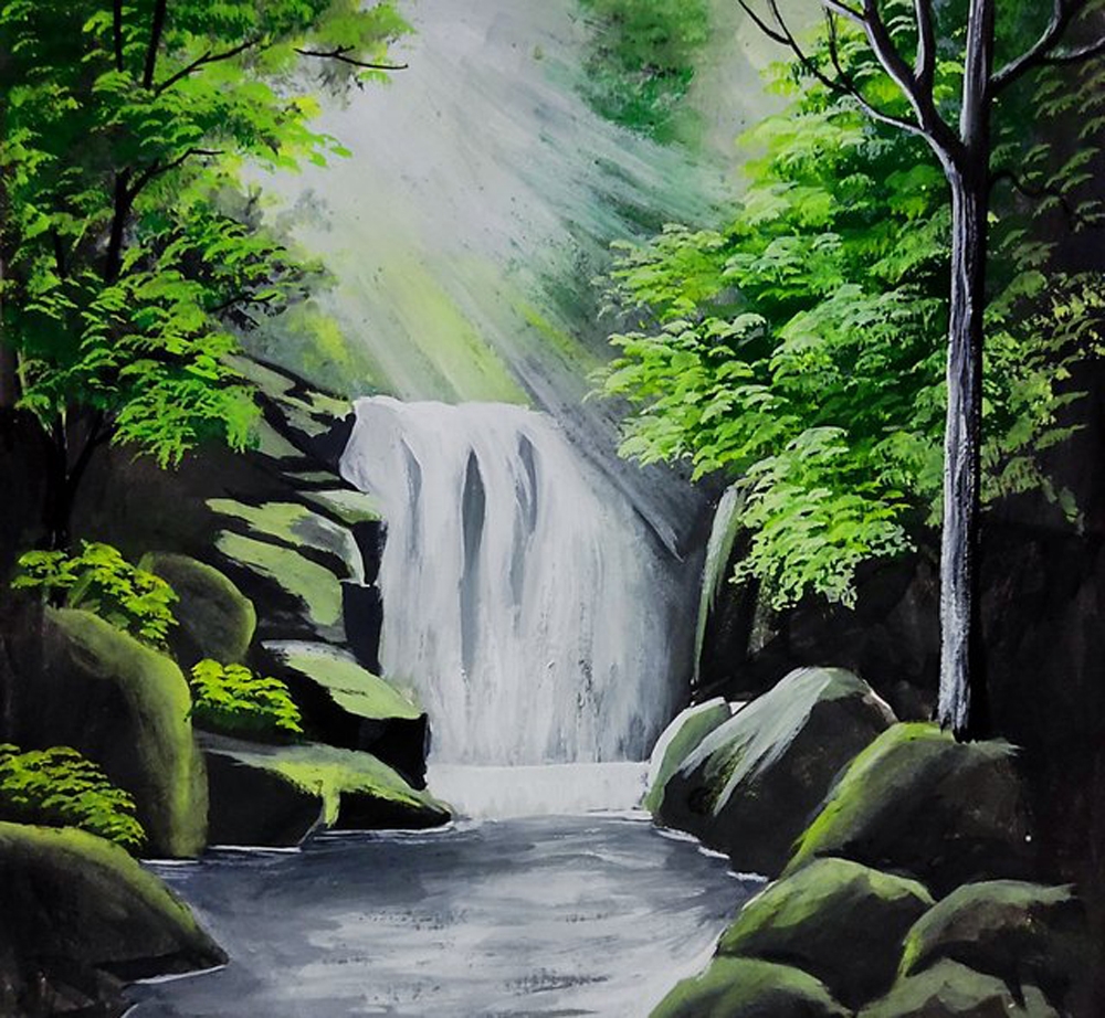 Drawing Tutorial How To Draw A Beautiful Waterfall Painting In A Forest By Poster Colour 