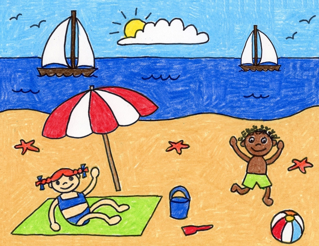 Easy How To Draw A Beach Tutorial Video U0026 Beach Coloring Page