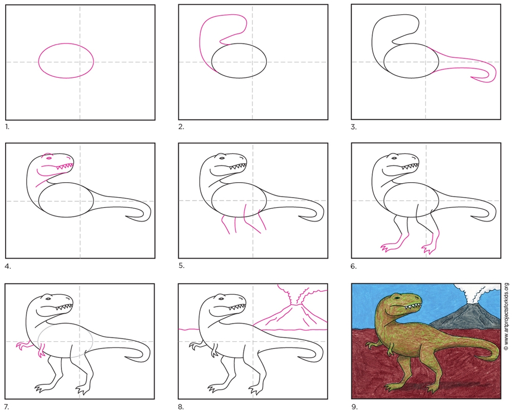 Easy How To Draw A T Rex Tutorial And T Rex Coloring Page