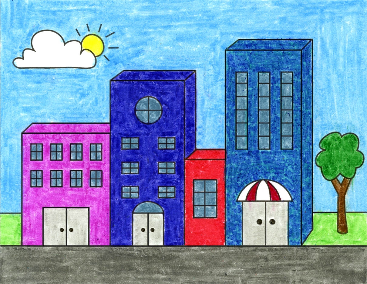 Easy How To Draw Buildings Tutorial Video And Coloring Page