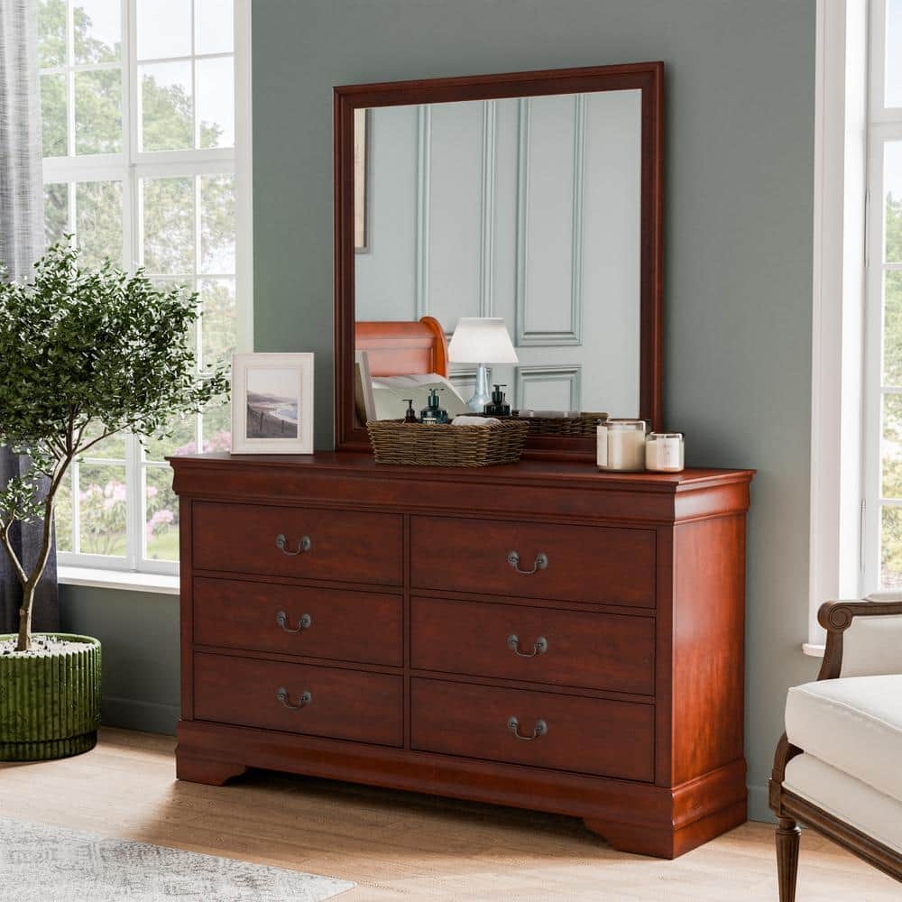 Furniture Of America Burkhart Cherry With Mirror 6 Drawer 58 38 In W Dresser EC 7866CH DM The Home Depot