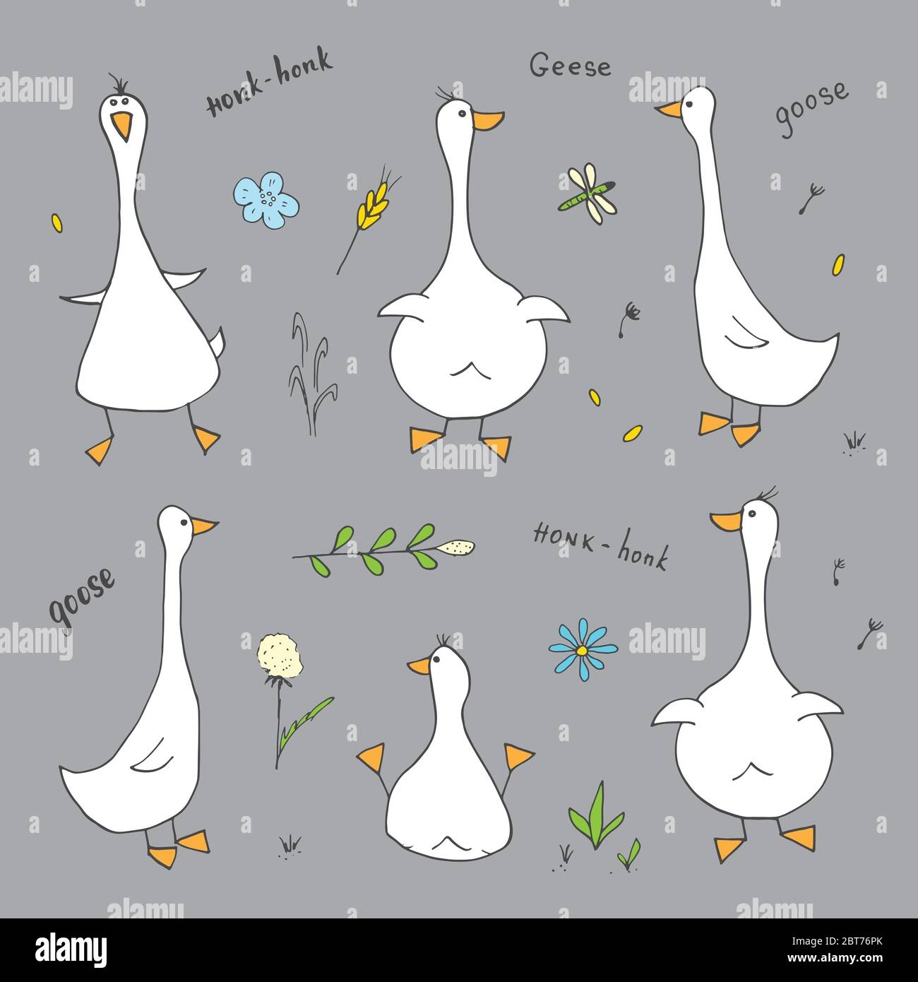 Goose Doodles Set Cute Geese Sketch Hand Drawn Cartoon Vector 