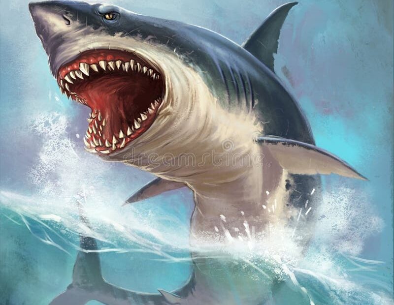 Great White Shark On The Background Of Sea Waves Realistic