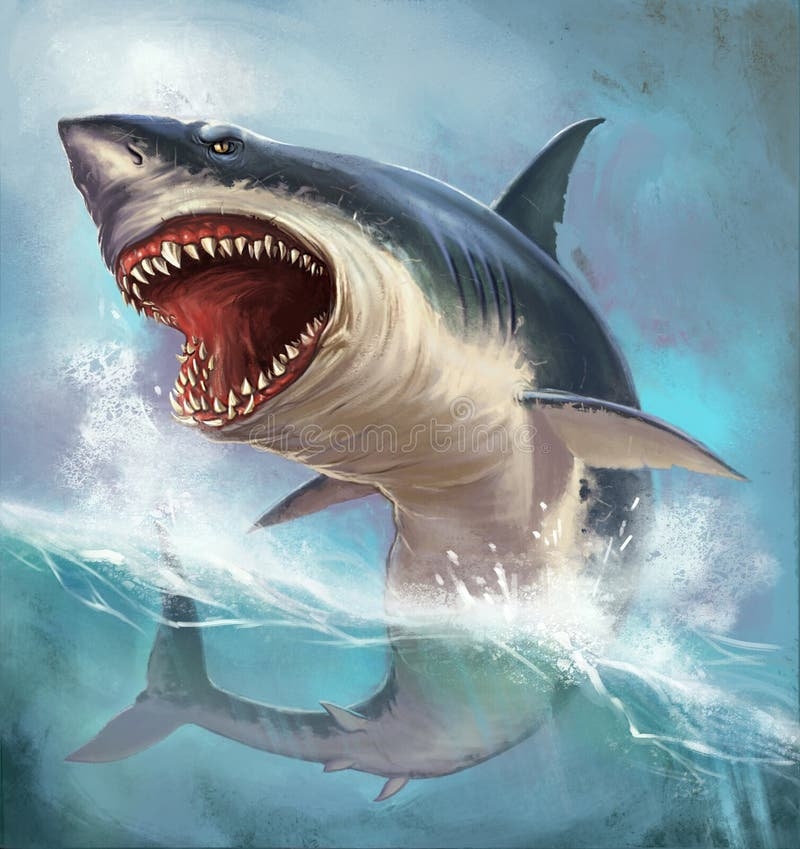 Great White Shark On The Background Of Sea Waves Realistic 