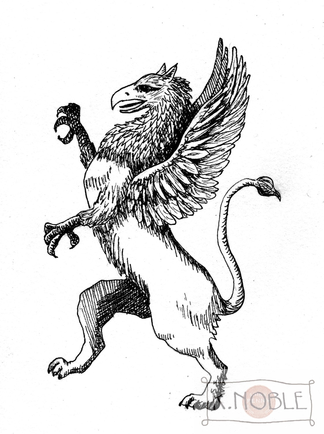 Griffin Pen And Ink Drawing Of Mythical Beast Half Eagle Half Lion 5x7 Wall Art For Fantasy Collectors