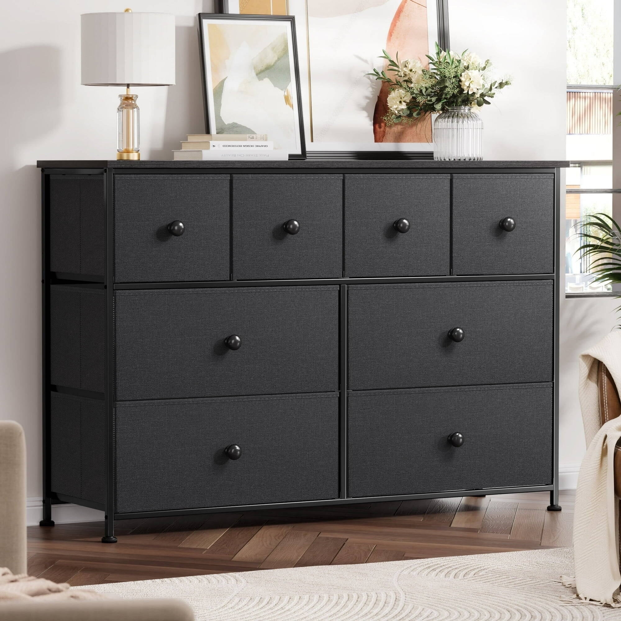 GUNAITO 8 Drawer Dresser For Bedroom Chest Of Drawers Fabric Storage Bin Black
