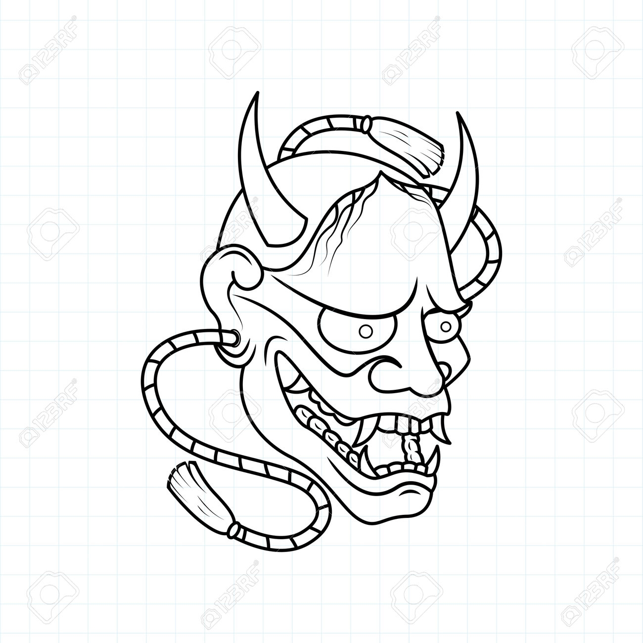 Hand Drawn Japanese Oni Demon Mask Coloring Page Vector 