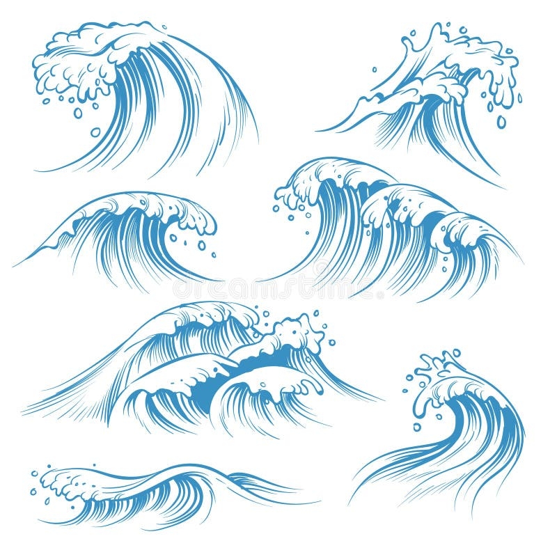 Hand Drawn Ocean Waves Sketch Sea Waves Tide Splash Hand Drawn Surfing Storm Wind Water Doodle Vintage Elements Stock Vector Illustration Of Elements Line 138456006