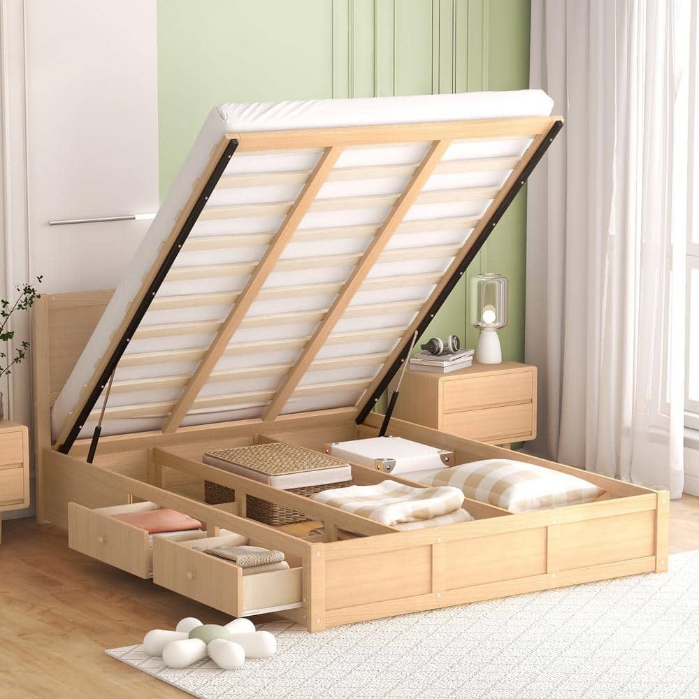 Harper U0026 Bright Designs Brown Wood Frame Queen Size Platform Bed With Underneath Storage And 2 Drawers QHS150AAD Q The Home Depot
