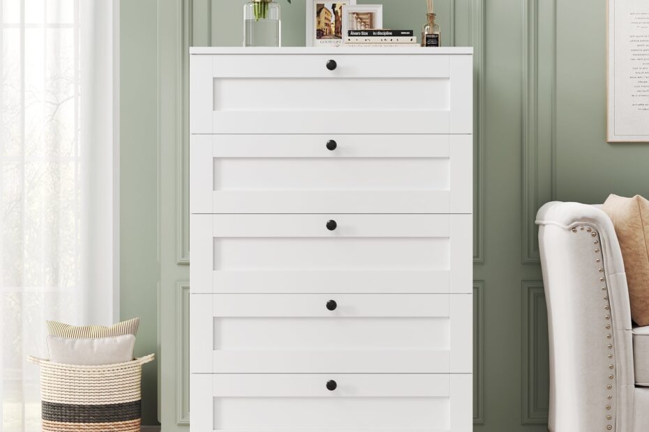 Homfa 5 Drawer White Bedroom Dresser Modern Vertical Dresser Drawers Wood Organizer For Living Room Entryway Small Spaces