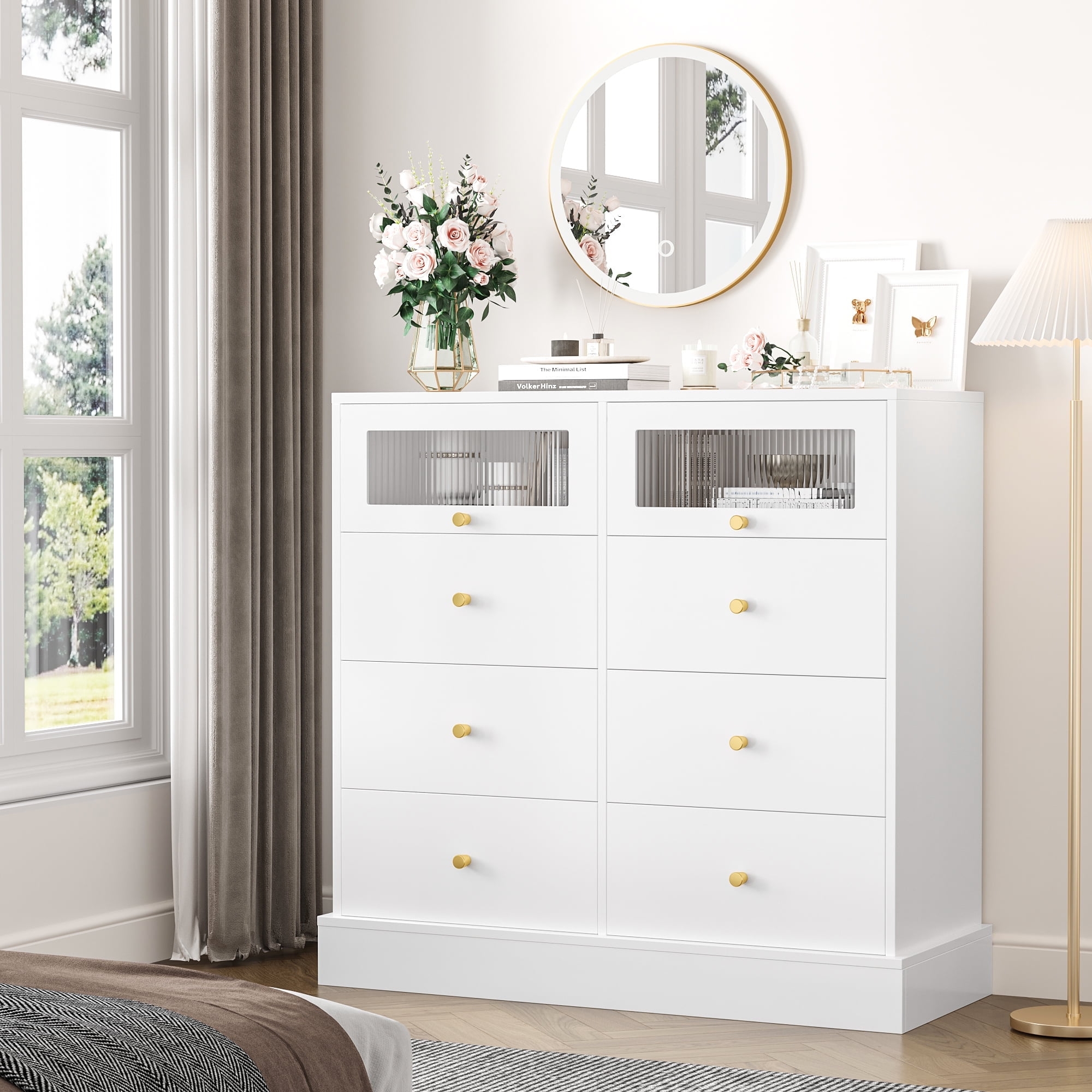 Homfa 8 Laci Double Dresser Dengan Pintu Kaca Putih Emas