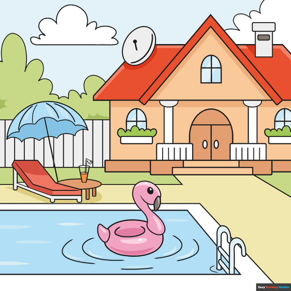 How To Draw A House With A Swimming Pool Really Easy Drawing Tutorial