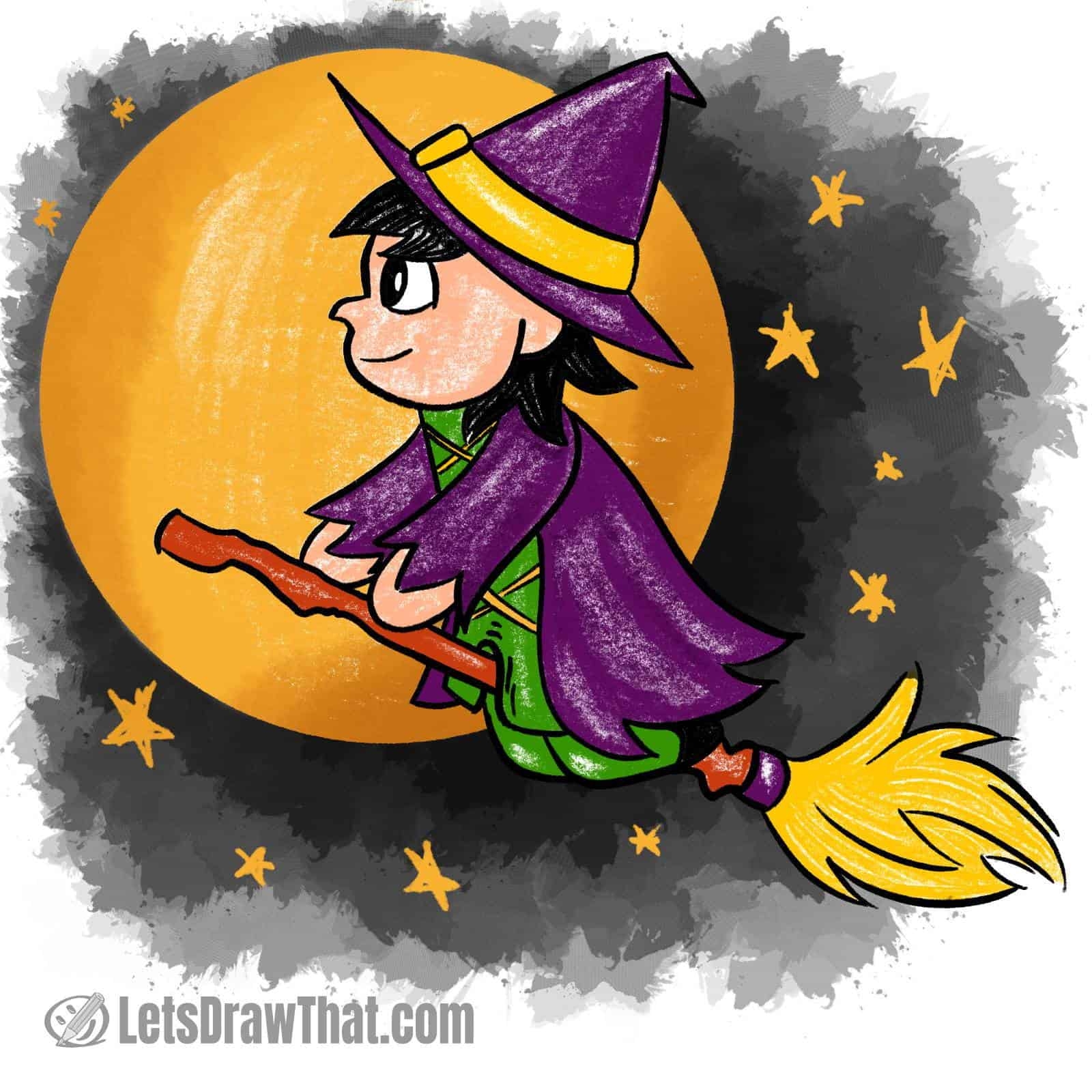 How To Draw A Witch A Cute Cartoon Witch Drawing For Halloween