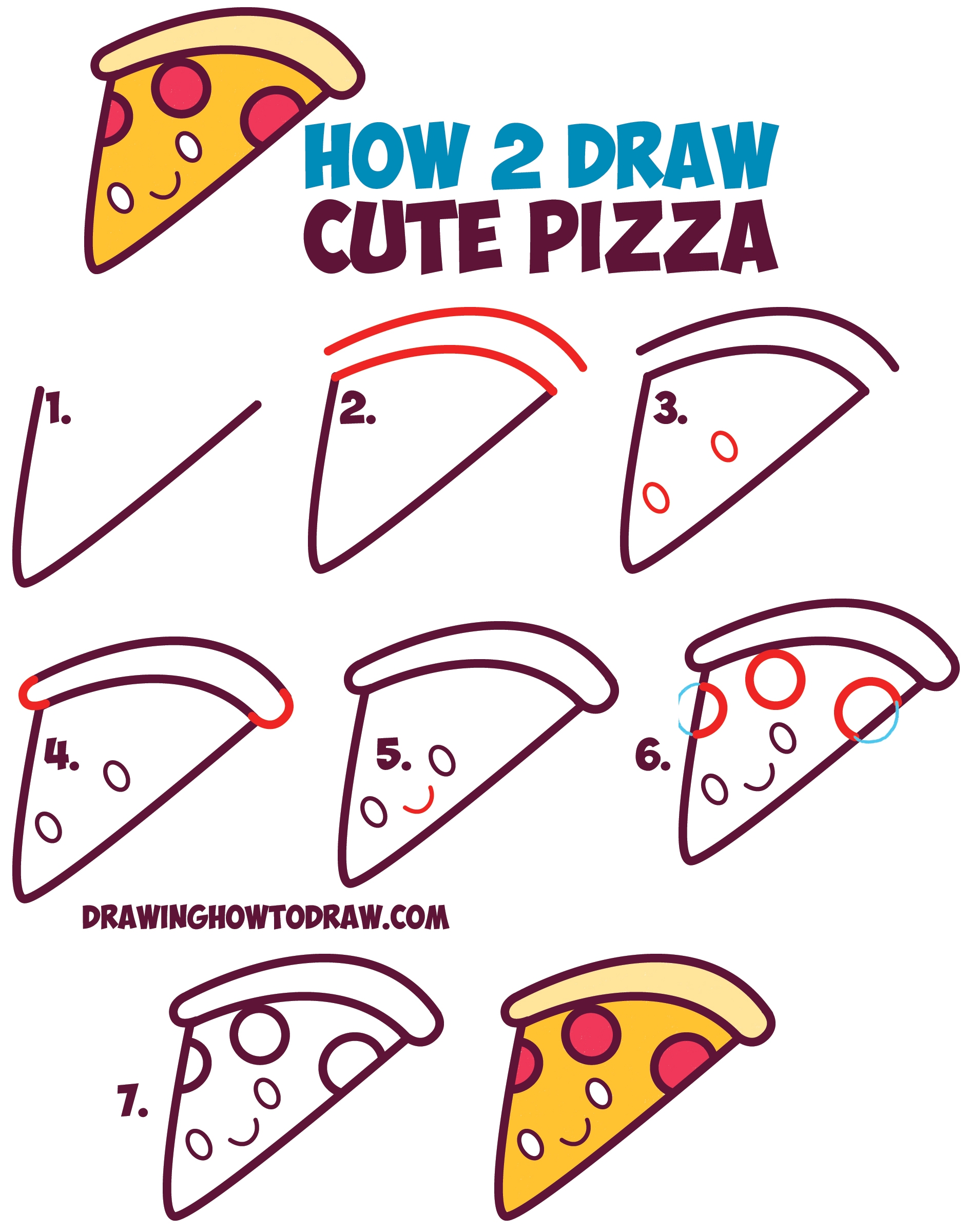 How To Draw Cute Kawaii Pizza Slice With Face On It Easy Step By 