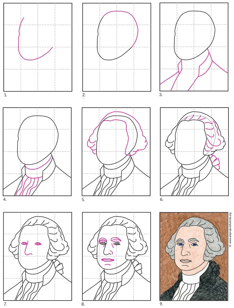 How To Draw George Washington Step by Step Art Lesson For Kids