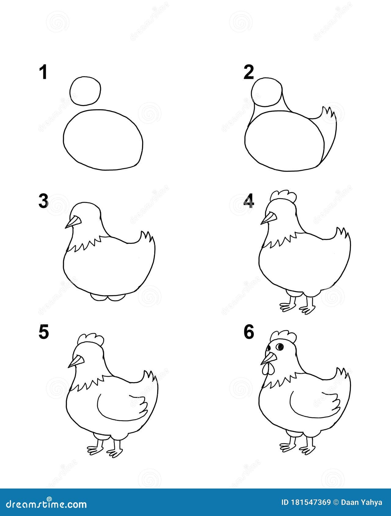 How To Draw Hen With 6 Step Cartoon Illustration With White 