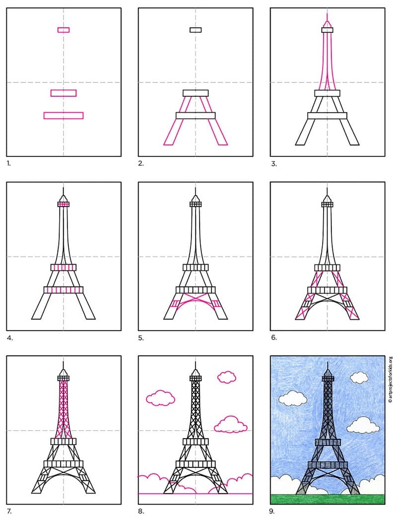 How To Draw The Eiffel Tower Easy Step by Step Art Lesson For Kids