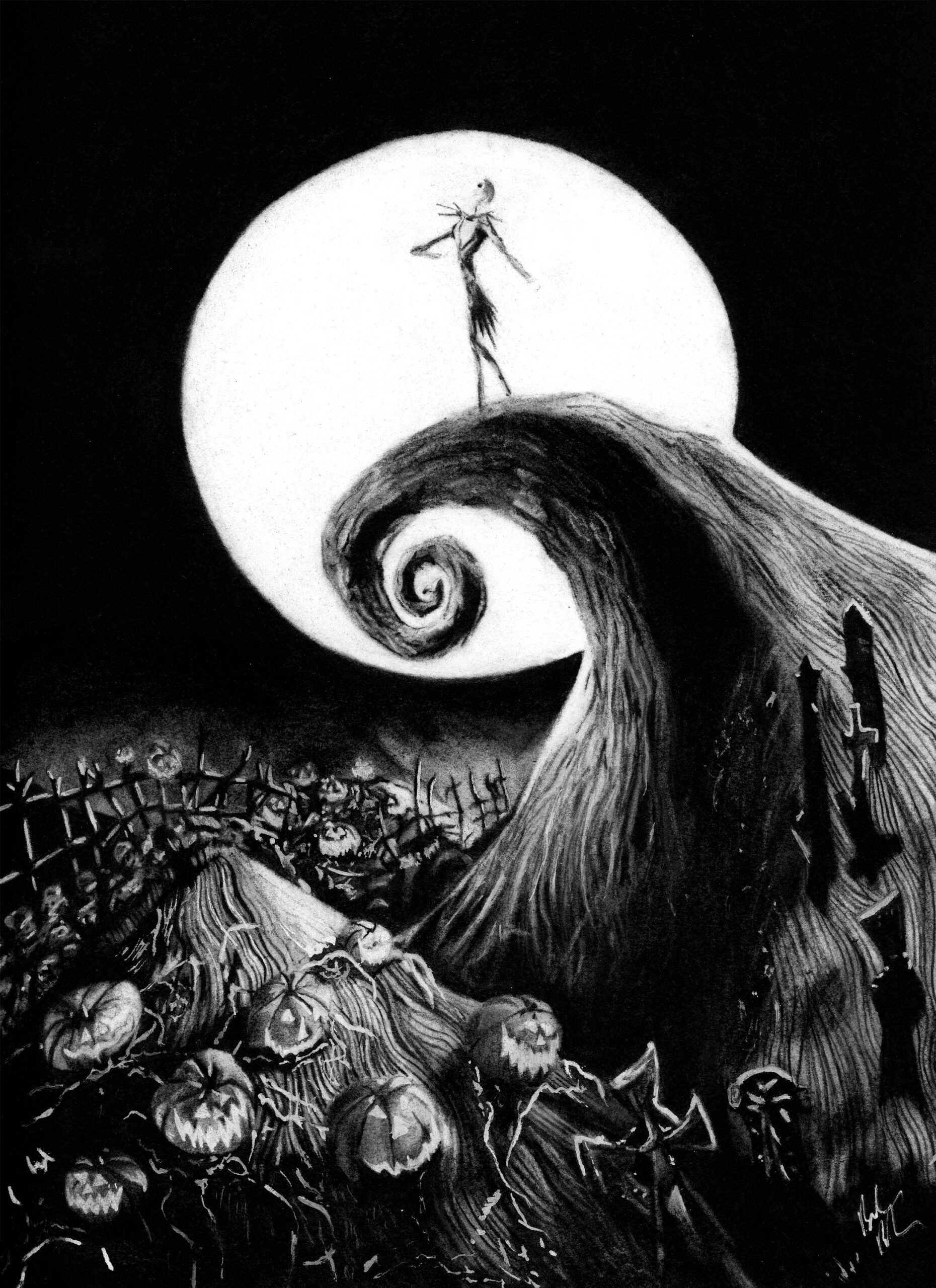 Jack Skellington Handmade Charcoal Illustration Print Nightmare 