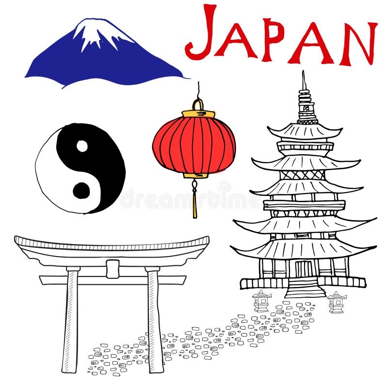 Japan Doodles Elements Hand Drawn Set With Fujiyama Mountain 