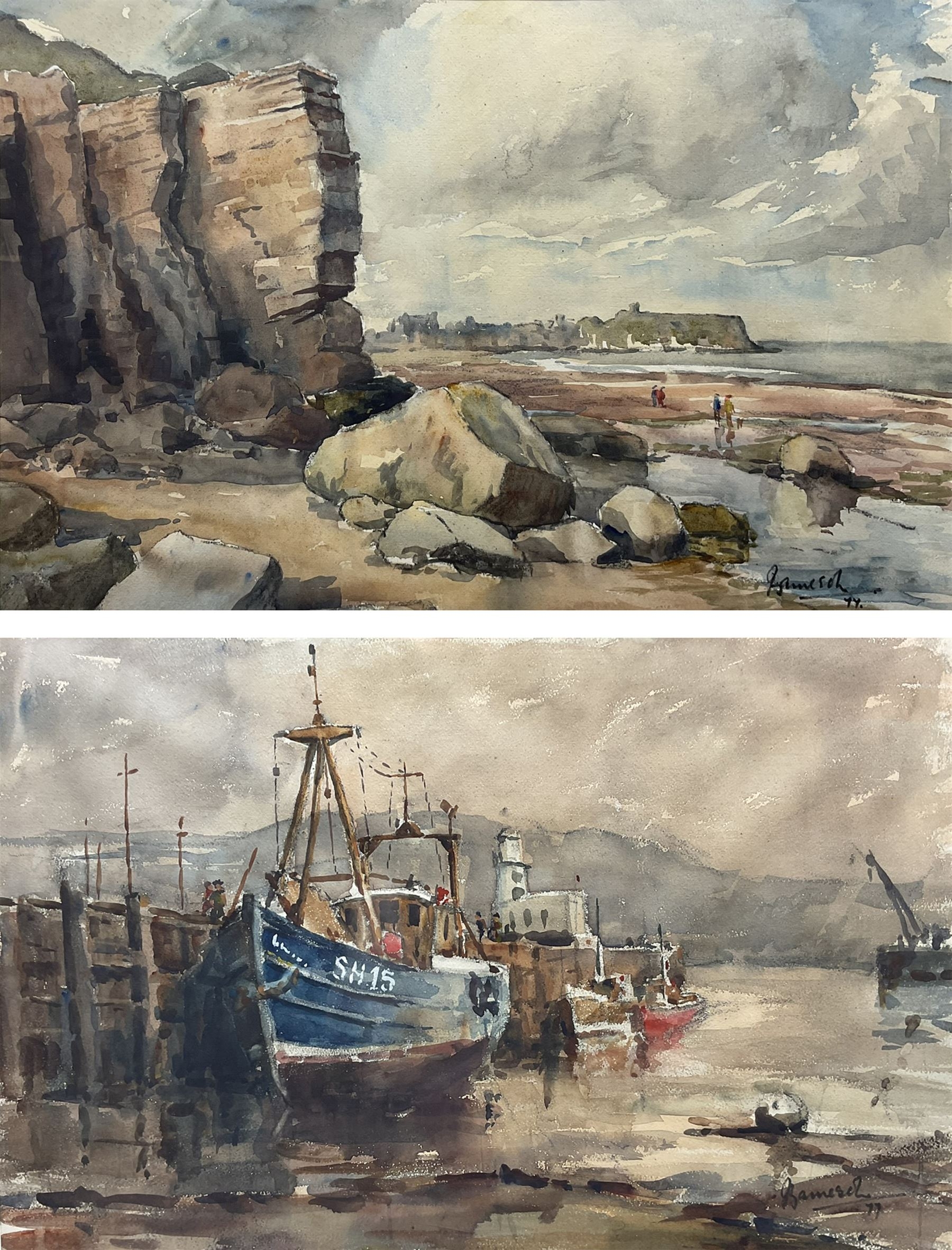 Jim Jameson Yorkshire 20th Century South Beach And Blue Boat Scarborough Harbour Paintings Drawings U0026 Prints 86485