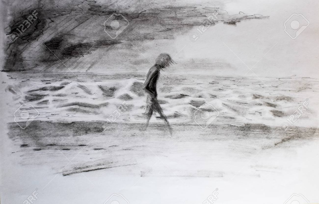 Man Walks Along The Sea In Storm And Bad Weather Pencil Drawing Stock Photo Picture And Royalty Free Image Image 114078185 