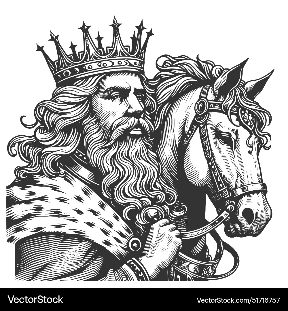 Medieval King With Crown And Horse Sketch Vector Image
