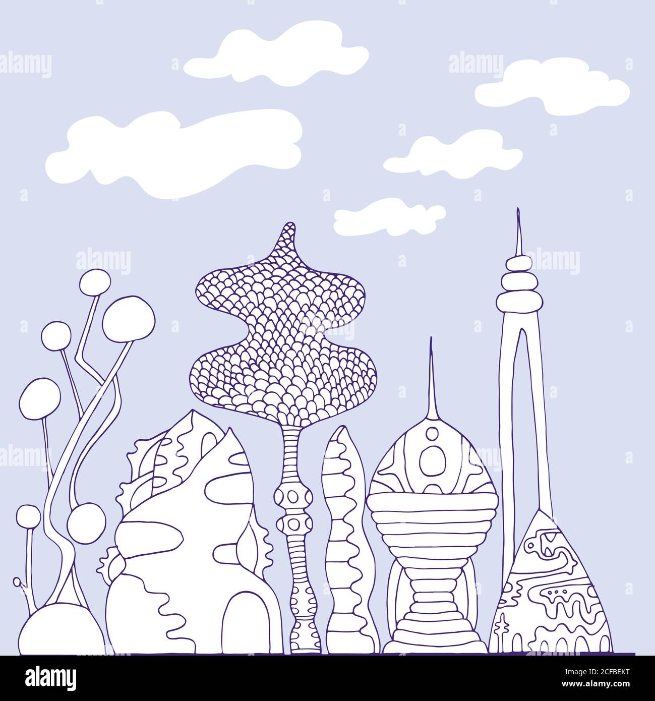 Monochrome Colorful Fantastic City Cartoon Sketch Style Hand Drawing Futuristic City Stock Vector Image U0026 Art Alamy