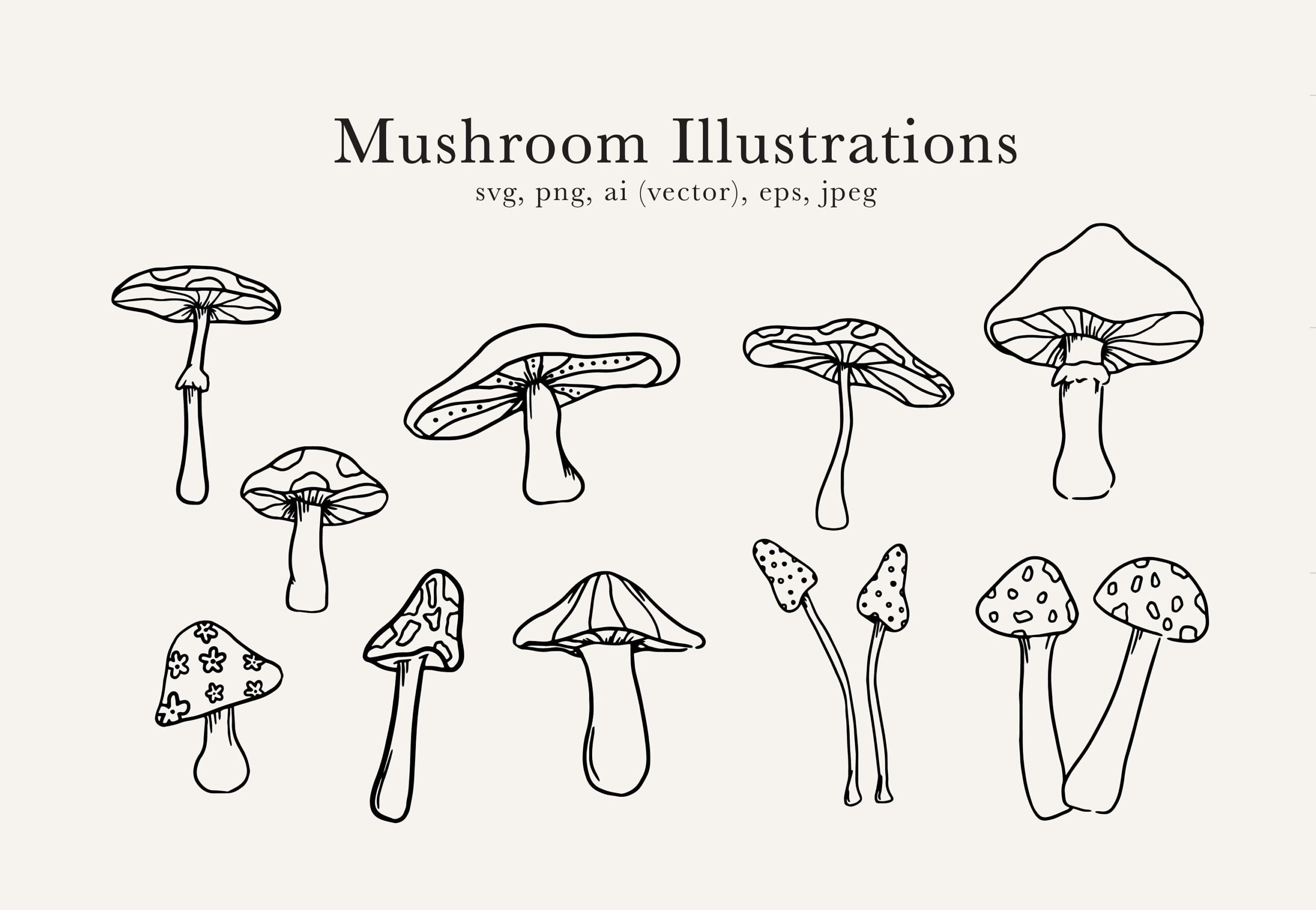 Mushroom Illustrations Hand Drawn Mushrooms Mushroom Clip Art Funky Mushrooms Etsy
