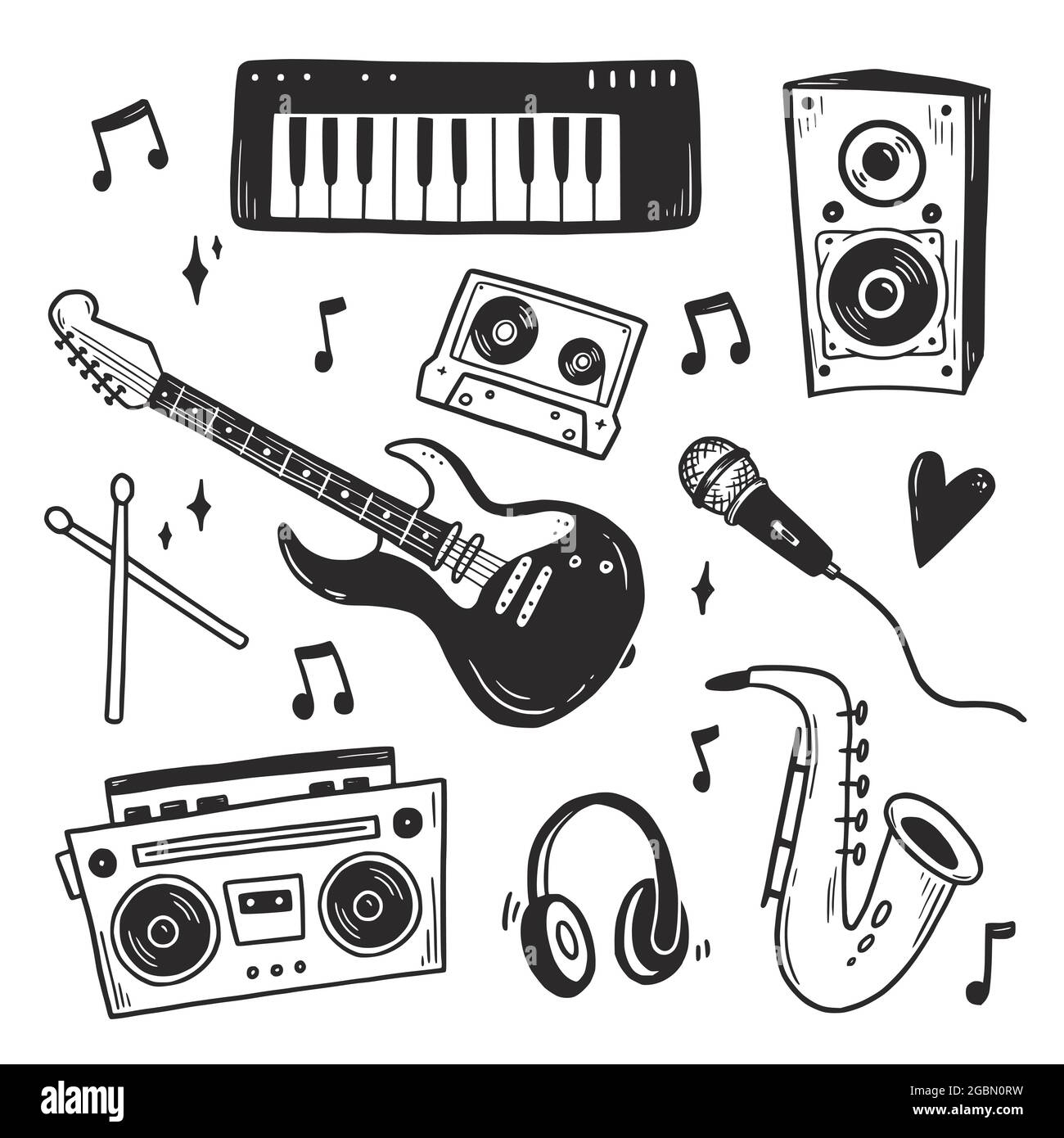 Music Doodle Hand Drawn Set Boombox Guitar Microphone Doodle Sketch Style Drawing Line Simple Musical Instrument Icon Isolated Vector Illustration Stock Vector Image U0026 Art Alamy