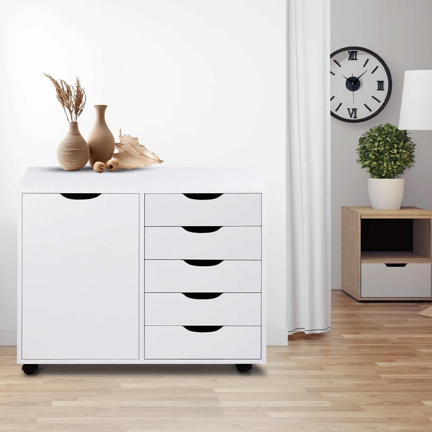 Naomi Home Amy 5 Drawer Wood Dresser Chest With Cabinet Door Mobile Storage Organizer U0026 Printer Stand For Home Office White
