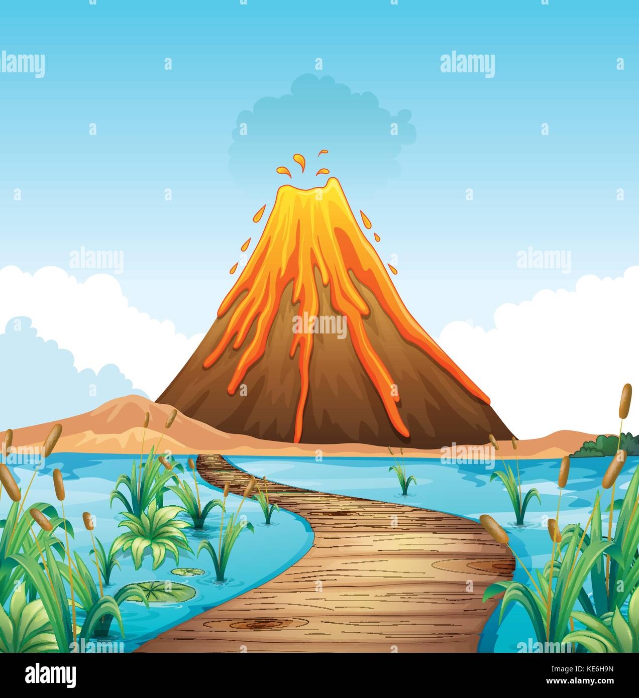 Nature Scene With Volcano Eruption By The Lake Illustration Stock 