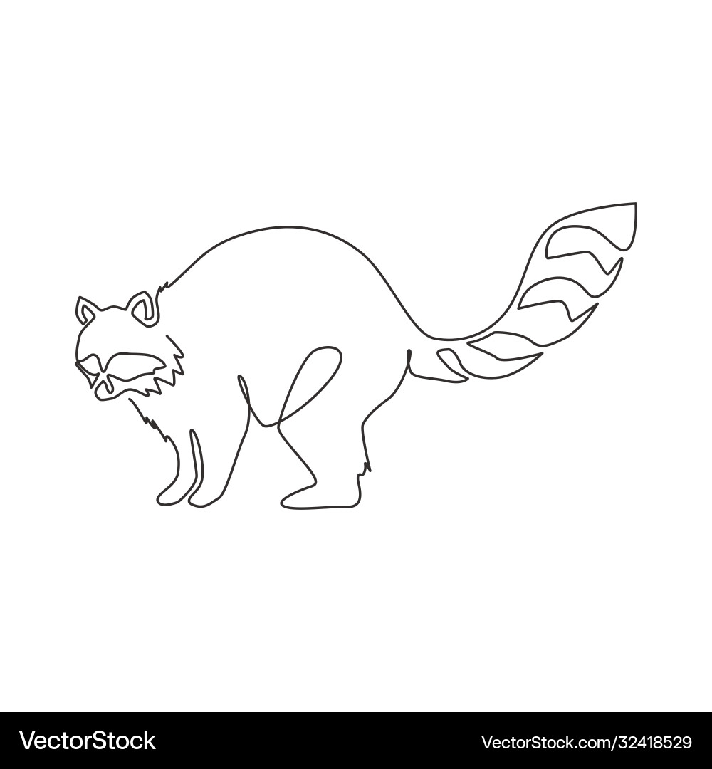 One Continuous Line Drawing Cute Racoon Royalty Free Vector