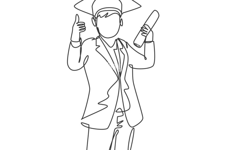 One Line Drawing Of Young Happy Boy Student Wearing Graduation Hat