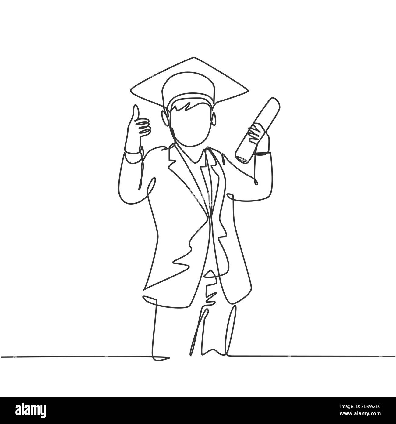 One Line Drawing Of Young Happy Boy Student Wearing Graduation Hat 