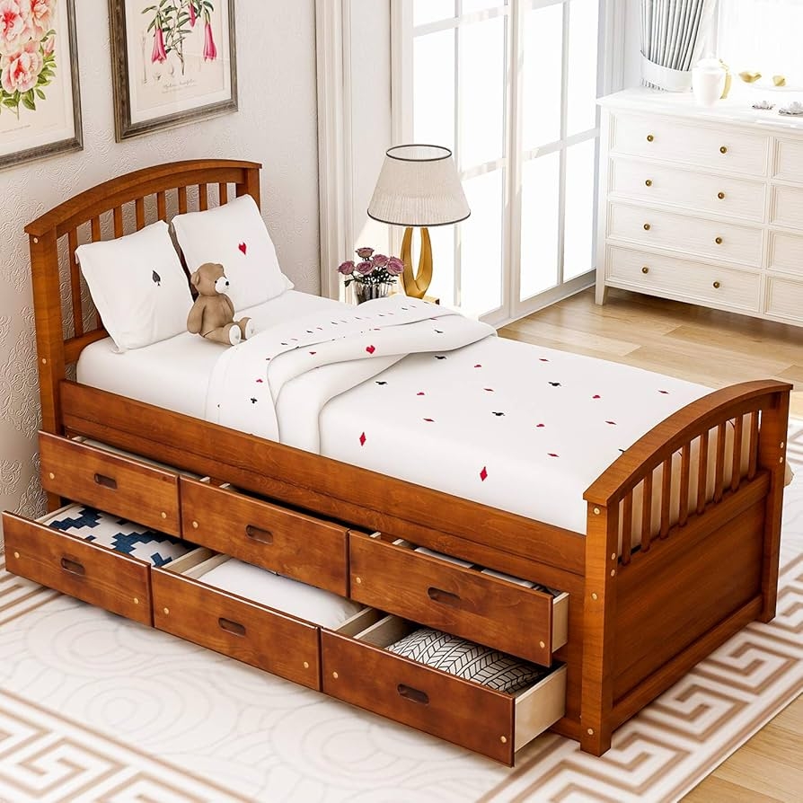 P PURLOVE Twin Bed Frame With Storage Drawer Underneath Twin Captains Bed With Storage Solid Wood Platform Bed With Headboard For Kids Teens Walnut