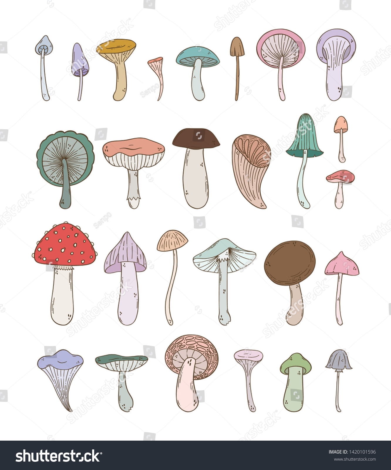 Pack Cute Mushroom Illustrations Lovely Doodle Stock Vector Royalty Free 1420101596 Shutterstock