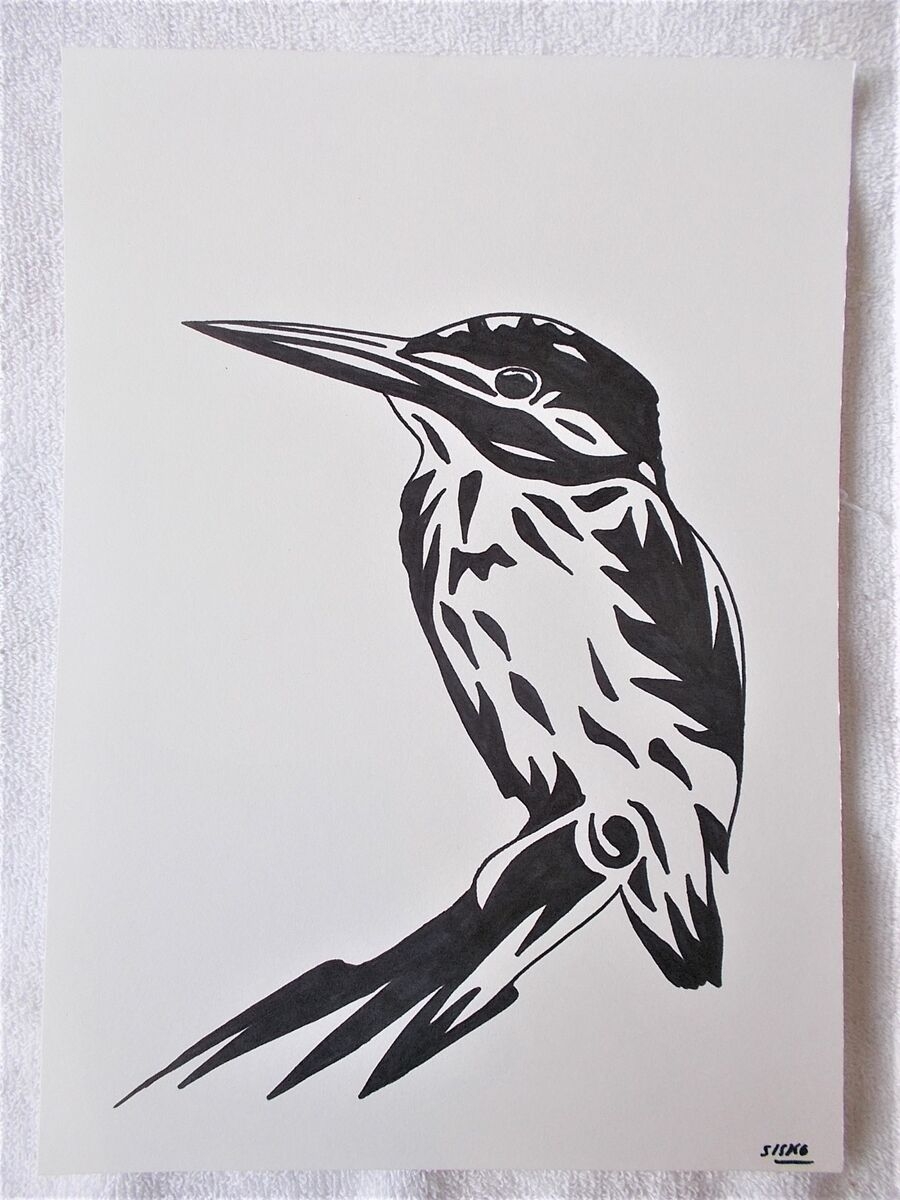 Pen And Marker Drawing A4 Art Marker Pen Sketch Drawing Kingfisher Animal Bird B Poster Stylised