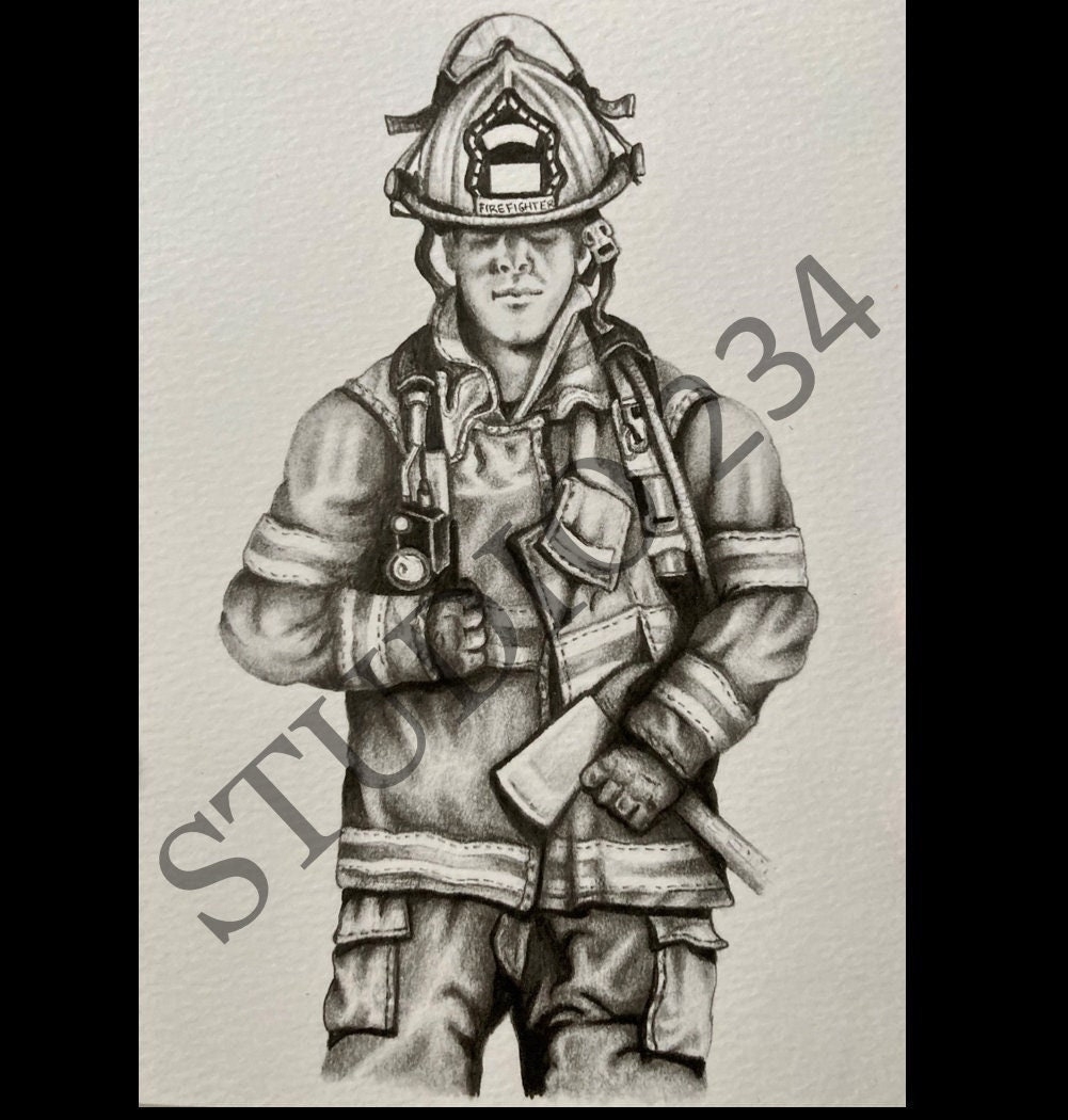 Personalized Customized Firefighter Drawing Etsy