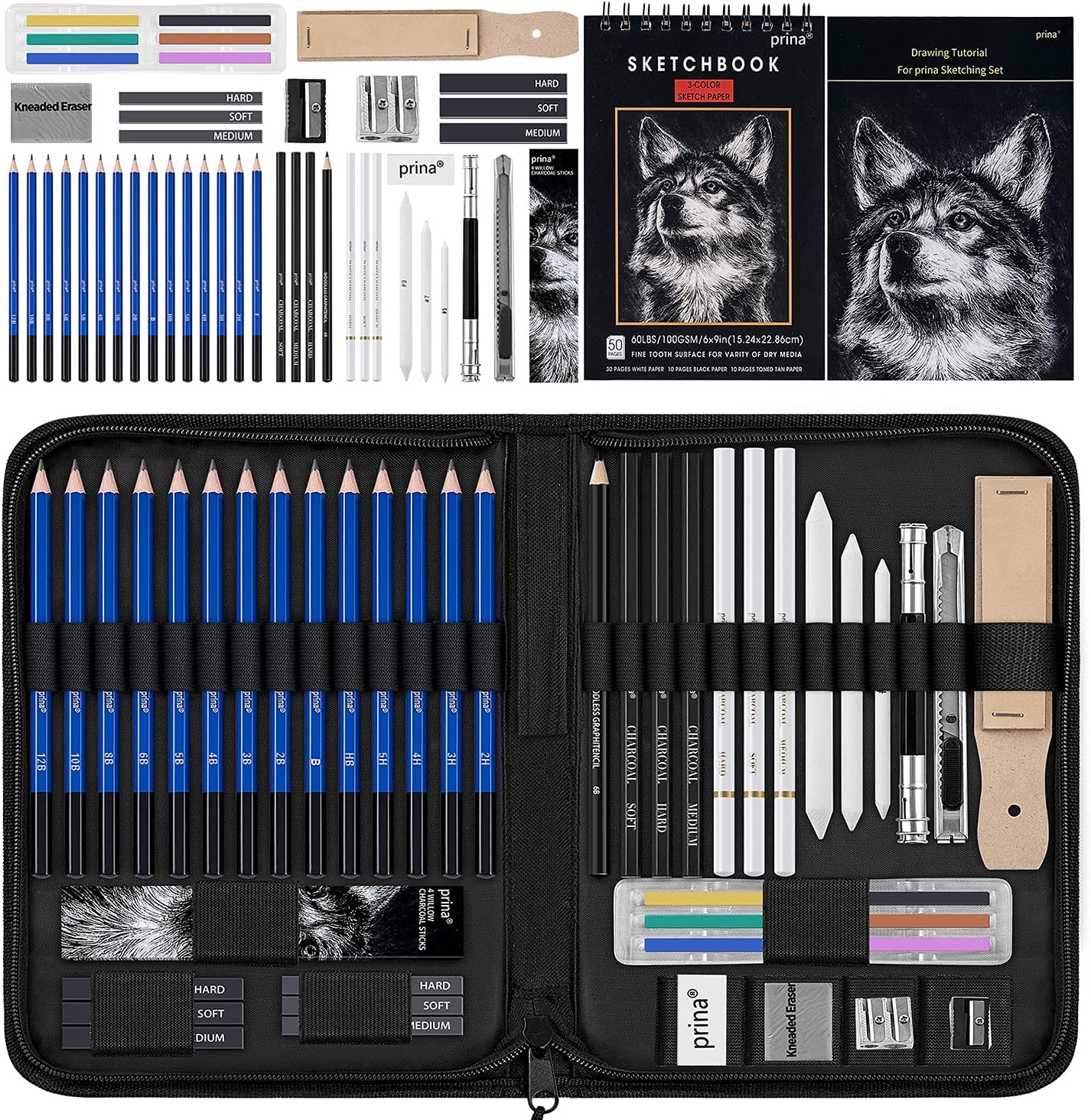 Prina 50 Pack Drawing Set Sketch Kit With Sketchbook And Pencils