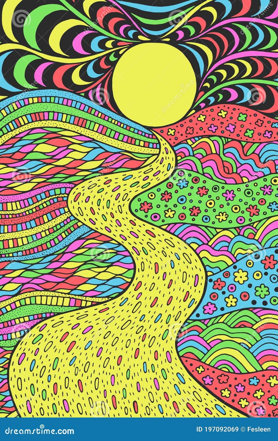Psychedelic Landscape Colorful Trippy Artwork With Line Art 