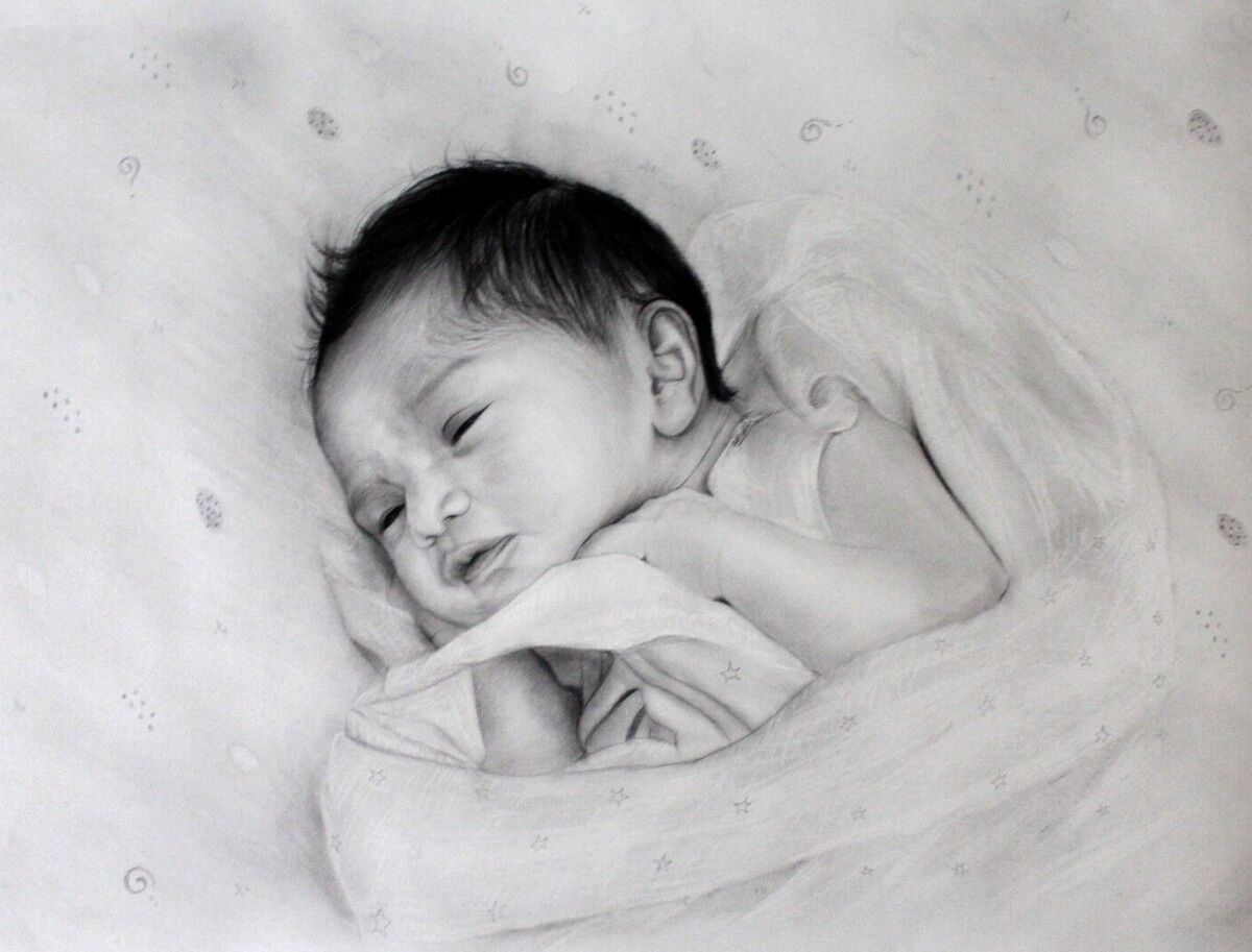 Realistic Baby Portraits Drawing Using Charcoal And Graphite Pencils