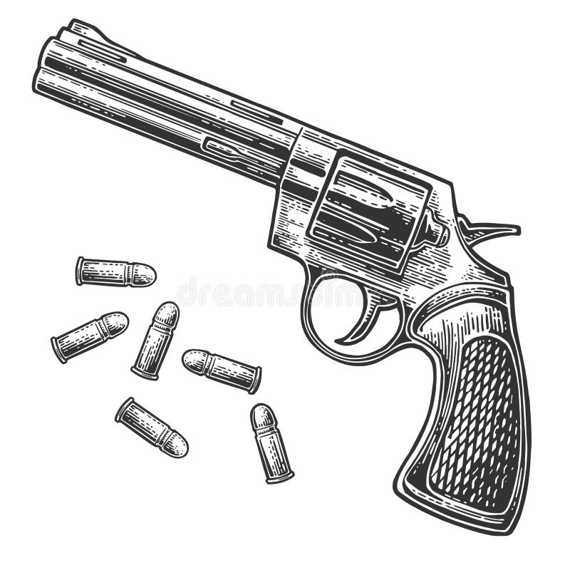 Revolver With Bullets Vector Engraving Vintage Illustrations Stock Vector Illustration Of Ammunition Metal 75741588