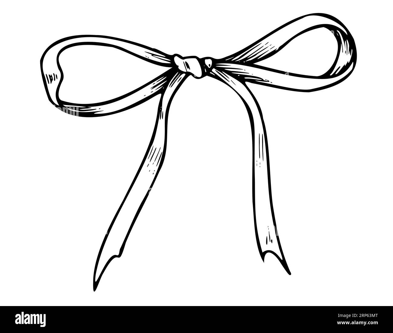 Ribbon With Bow Hand Drawn Vector Illustration Of Satin Or Silk Knot On White Isolated Background For Gift Or Present In Line Art Style Drawing Of Ornate Textile Tape Painted By Black