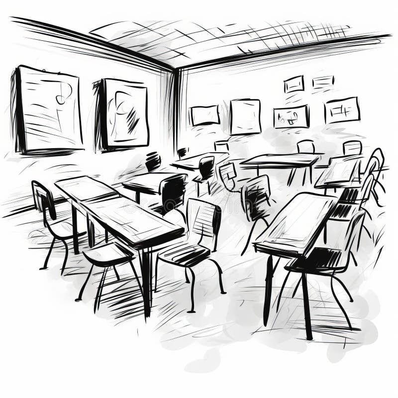 Rough Hand Drawn Sketch Of A Simple Classroom Scene Stock 